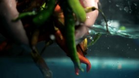 Close-up of hand slowly grabbing green and orange chili peppers from underwater with dark background. Smooth view of colorful fresh vegetables in crystalline liquid. Healthy spicy ingredients - Powered by Shutterstock - Get 15% off with code: PIKWIZARD15