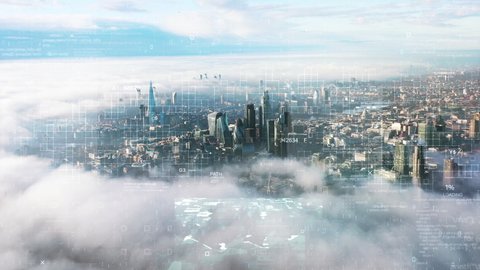 Smart City Aerial Drone Footage Hologram Technology. Tech information of London, UK , Digital Communication, Futuristic Network and Technology 5g. The future technologic world.