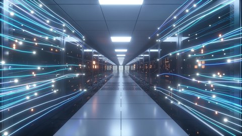 Futuristic digital imagery composition depicting data transmission channels through a hi-tech corporate mainframe computer server