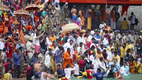 Haridwar, Uttarakhand.India- March 05 2021- Kumbh Mela Haridwar India. Sadhus or Saints of different Akharas, Kinnars in Mahakumbh. Appleprores 422 Cinetone 60fps. High-quality 4k footage