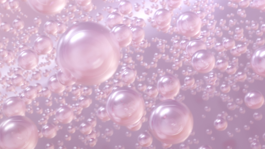 Macro shot of various Pink Gold bubbles in water rising up on the light background. Super slow motion Beauty glossy Moisturizing bubble blobs or drops 3D animation find a special extract. Royalty-Free Stock Footage #1080420476