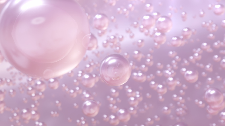 Macro shot of various Pink Gold bubbles in water rising up on light background. Super slow motion Beauty glossy Moisturizing bubble blobs or drops 3D animation find a special extract. Royalty-Free Stock Footage #1080420476