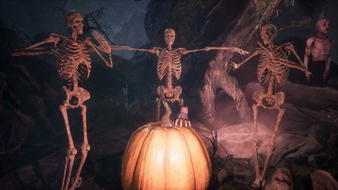 Scary skeletons dancing around a pumpkin on Halloween night in a dark, horrible forest. Halloween Horror Concept. The looped animation is perfect for Halloween, horror or apocalypse backgrounds.