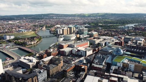 Aerial view of The Waterfront Hall and Hilton Hotel and Resort Belfast Northern Ireland 09-09-21