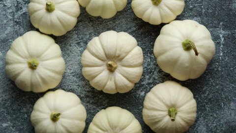 Composition of cute white Baby boo mini pumpkins placed in circle on dark stone table