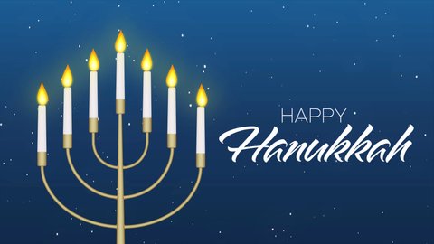 Happy Hanukkah Greeting Animated Text, Menorah with Burning Candles on Falling Snowflakes Background