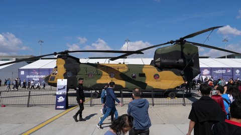 TEKNOFEST Aviation, Space and Technology Festival, aviation, technology and space technology festival held in Turkey, CH-47 Chinook heavy-lift helicopter on exhibit. turkey istanbul September 24, 2021