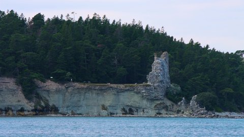 Wide static view of rauk cliff, sea water and green forest at Gotland
