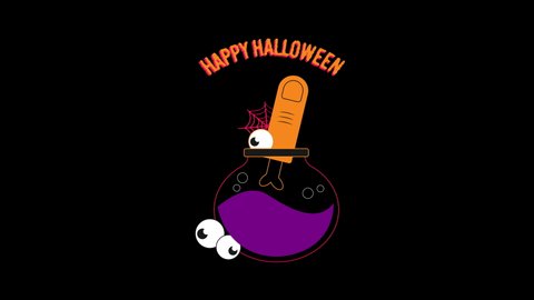 Happy Halloween Words Letters Text with Cauldron, Severed Thumb, Zombie Finger with Bone Sticking Out, and Eyeball Icon. Halloween Typography Isolated on Dark Background, 4K Ultra HD Video Animation.