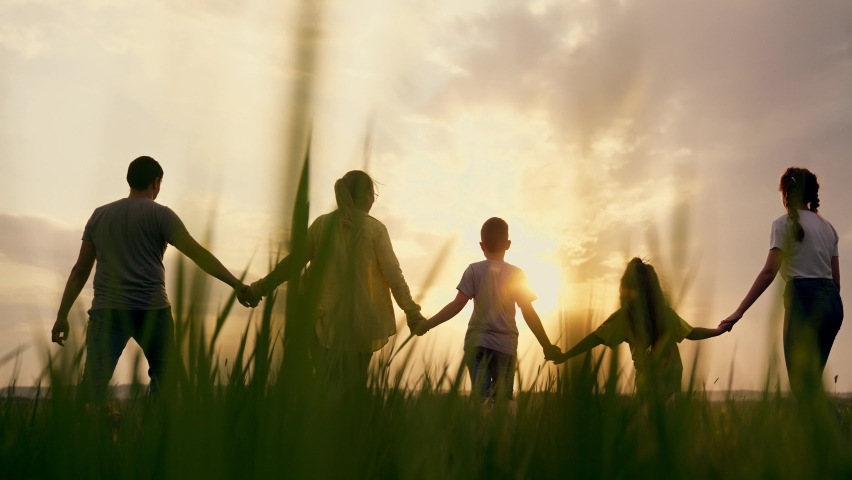 Big happy family. Summer people in park at sunset. Family is walk on green grass in natural park. Family fun, joy in nature. Healthy young family at sunset. Concept of happy people in nature in grass | Shutterstock HD Video #1080450401