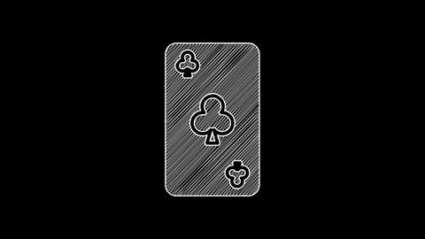 White line Playing card with clubs symbol icon isolated on black background. Casino gambling. 4K Video motion graphic animation.