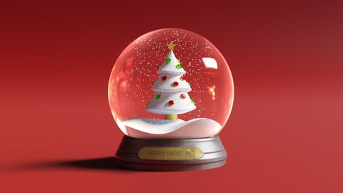 Falling snow inside glass snow globe. Dynamic sparkles, snowflakes. White colored decorative Christmas tree. Merry Christmas, New Year mood. Traditional souvenir close up. Red background. 3D Render 4K