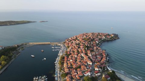 Aerial sunset view of old town and port of Sozopol, Burgas Region, Bulgaria