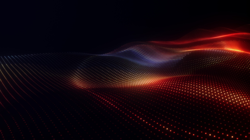 Abstract seamless loop of mesh glowing red dots digital luxurious sparkling wave particles flows background, Motion of digital data flow. big data background concept.Cyber or technology background
