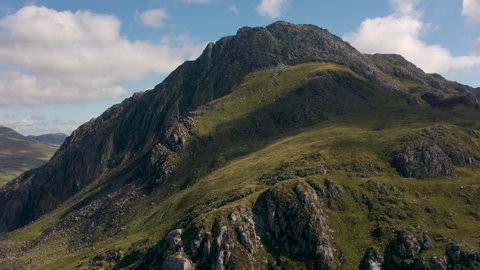Aerial view of Snowdonia mountains with Tryfan and Bochlywd buttress