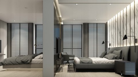 luxury living dining and bed room indoor interior design with feature wall in gray tone with furniture on wooden floor, ceiling and wood blind at large window 3d render animation