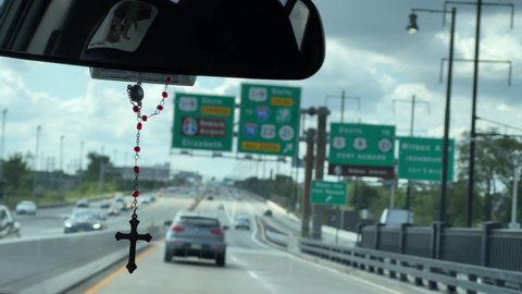NEW JERSEY, USA - SEPT 18, 2021: driver driving toward Elizabeth NJ on highway.