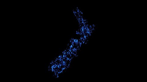 A map of the New Zealand country consisting of stars of shimmering blue particles on a black background.