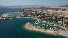 Aerial drone video of famous Marina of Agios Kosmas in Athens riviera area, Elliniko, Attica, Greece