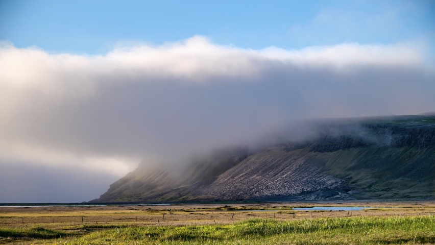 Aerial view of foggy seaside with lush green grass