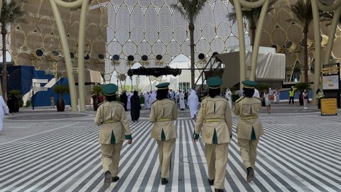 Dubai, United Arab Emirates - October 2021: Follow shot of female police officers walking in Expo 2020