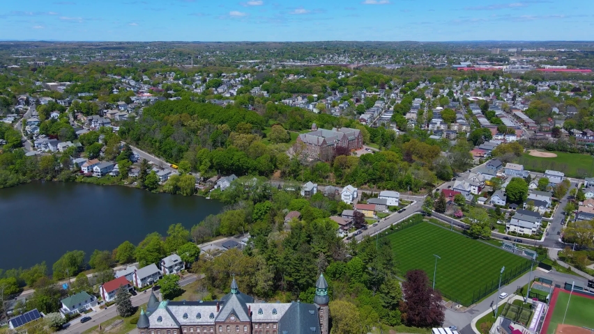 Flying over School of Theology and Ministry of Boston College in Brighton Campus and Saint John