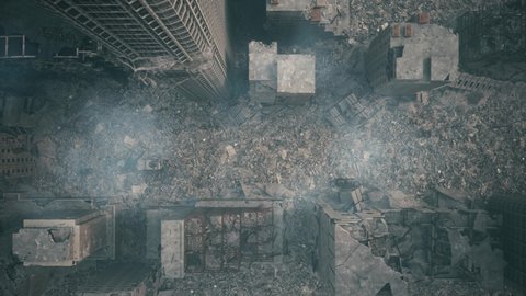 Ruined city after the war. Top view of destroyed town. Flight of a drone over the ruined city. Aerial view of the destroyed city. 3d visualization