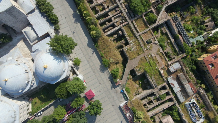 Top down view of courtyard between Hagia Sophia and ruins