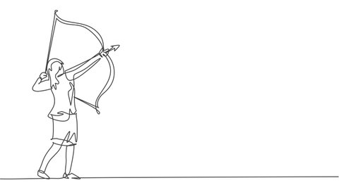 Self drawing animation of single continuous line draw young beauty businesswoman aim target goal with arrow bow. Professional hard worker. Minimalism concept one line draw. Full length animated.