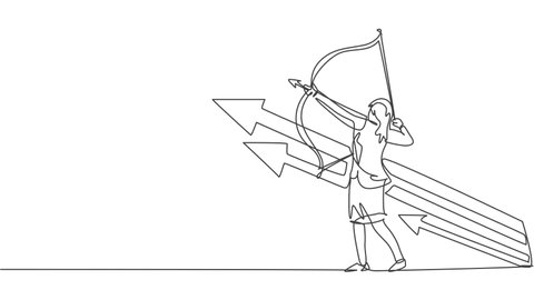 Animated self drawing of continuous one line draw young female entrepreneur take an arrow bow to hit target goal. Success business strategy minimalist concept. Full length single line animation.