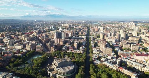 Flight over the capital of Armenia, the city of Yerevan. Aerial view of Yerevan. Yerevan, Armenia. September 25, 2021