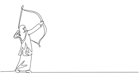 Animated self drawing of single continuous line draw young beauty Arabian employee focus to aim target using arrow bow. Professional businesswoman. Minimalism concept. Full length one line animation.