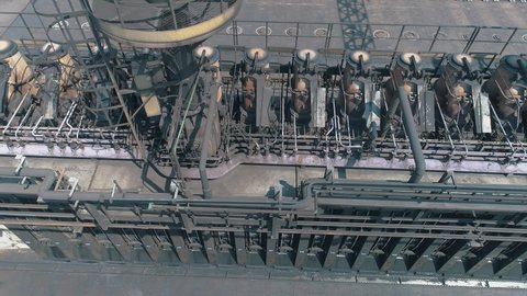 Coke oven battery aerial view. Industrial exterior of a large factory. Fly over a coke oven battery, exterior of a large metallurgical plant