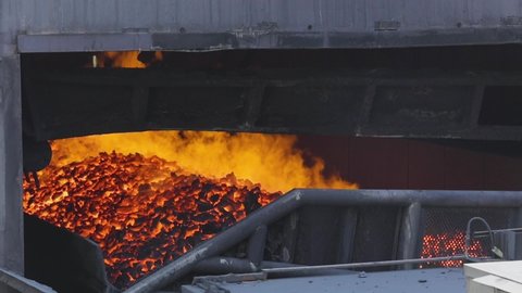 Cooling of coke oven coal after the coking process close up. Coke oven coal production. Metallurgical enterprise