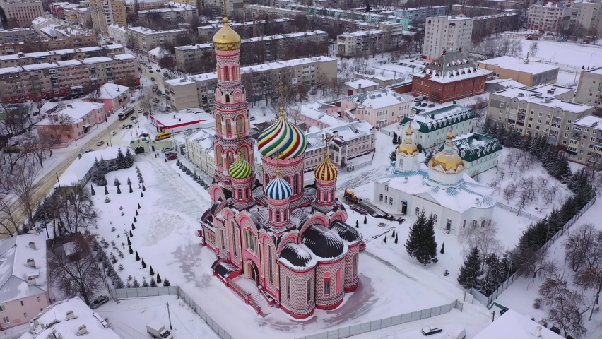 Aerial view of the Cathedral of the Ascension of the Lord in the city of Tambov. Russia Royalty-Free Stock Footage #1080497882