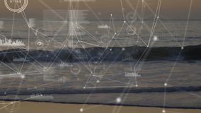 Animation of data processing and networks of connections over empty beach. global sports, fintess and healthy lifestyle concept digitally generated video.