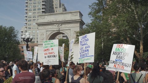 September 10, 2021 - New York, USA : Movement against the prohibition on abortion. People hold cardboards with inscription. Women's rights protest in New york, USA on September 10, 2021
