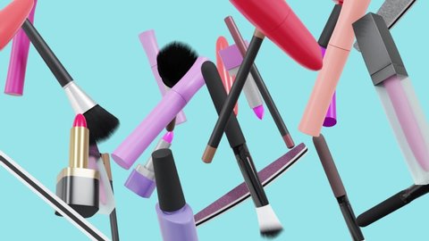 Different makeup accessories fly on blue background. Beauty animation. Cosmetic products. Make-up tools set concept. Lipstick, mascara, brush, nail Polish. Skin care.
