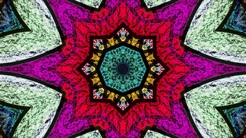 Stained glass window. Color glass. Kaleidoscopic dynamic background. Transparency. Multicolor seamless looping animation footage. Psychedelic motion design. Dj loop. Vj loops. 4K	