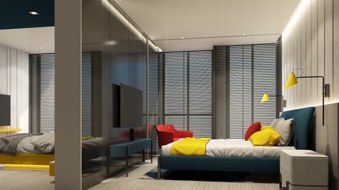 colorful living dining and bed room indoor interior design with feature wall in red blue yellow and gray tone with furniture on wooden floor, ceiling and wood blind at large window 3d render animation