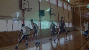Animation of networks of connections with globe over group of diverse basketball players at gym. global sport, connections and data processing concept digitally generated video.