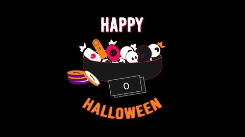 Happy Halloween Words Letters Text with Chocolate Coins, Candy, Skull, Eyeball, Severed Thumb. Halloween Typography Isolated on Dark Background. 4K Ultra HD Video Motion Graphic Animation.