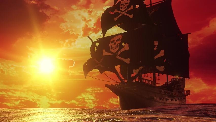 3D Jolly Roger Pirate Galleon at Sunset - Loop Landscape Background Royalty-Free Stock Footage #1080519776