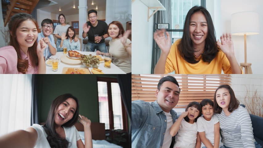 Group of young Asian people on video call remote meeting at home. Family and friends online gathering, internet communication information technology, or coronavirus social distancing lifestyle concept | Shutterstock HD Video #1080523226