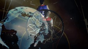Animation of networks of connections with globe over diverse basketball players at gym. global sport, connections and data processing concept digitally generated video.