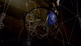 Animation of data processing and networks of connections over diverse basketball players at gym. global sport, connections and data processing concept digitally generated video.