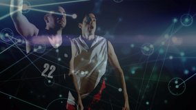 Animation of networks of connections over diverse basketball players at gym. global sport, connections and data processing concept digitally generated video.
