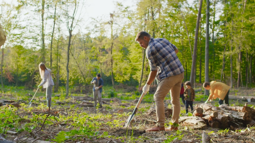 Caucasian man and woman environmental volunteers planting trees together and with multicultural people at the background. Reforestation concept Royalty-Free Stock Footage #1080524324