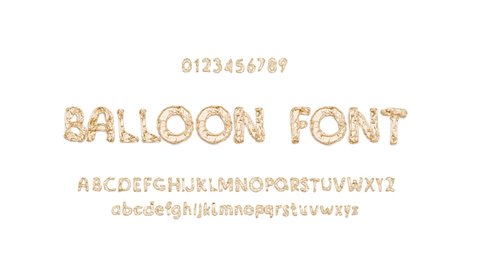 Inflation and deflation balloon font with numbers, capital, lowercase alphabet, 3d rendering. Decorative symbol and numeric mylar for party logotype, 4k video. Cycled golden typeset template.