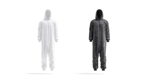 Blank black and white plush jumpsuit with hood mockup, looped rotation, 3d rendering. Empty velour overall or bodysuit for homewear mock up, isolated. Clear fleece kigurumi pajamas template.